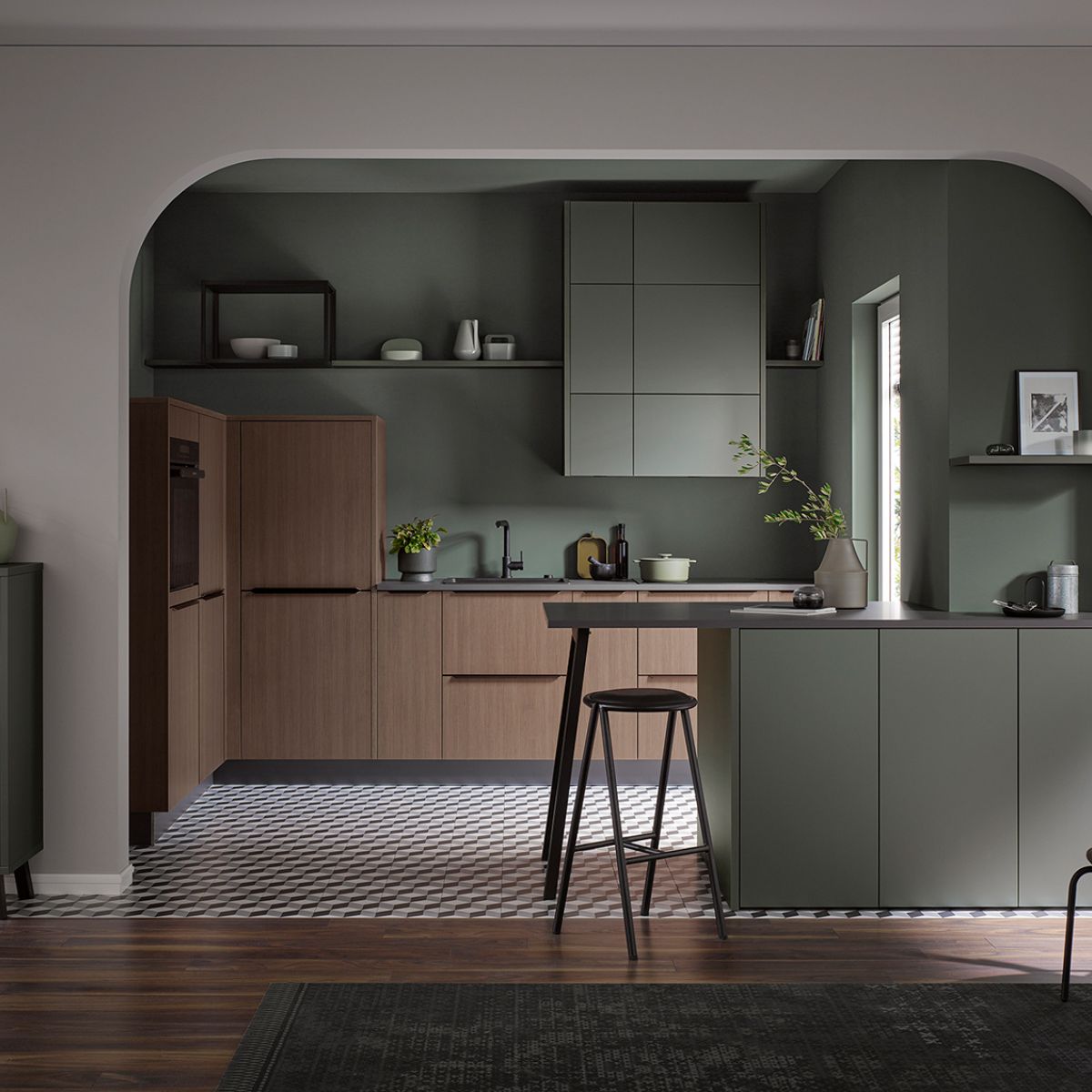 Häcker - concept130 Vegas Grün Metallic LINEA Walnuss-natur